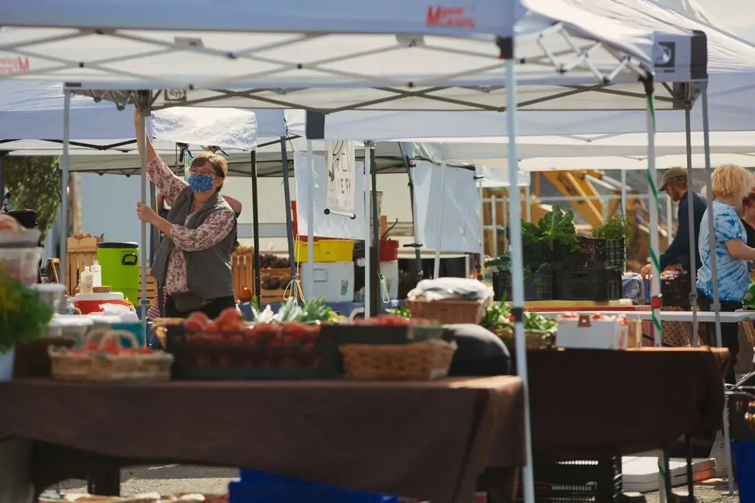 Shoppers at an outdoor farmers market